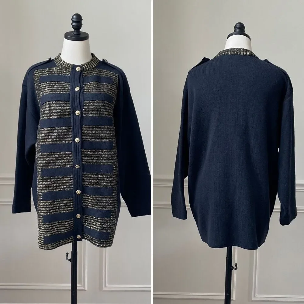 Barra of Italy Wool Blend Navy Blue Metallic Gold Military Style Button Cardigan